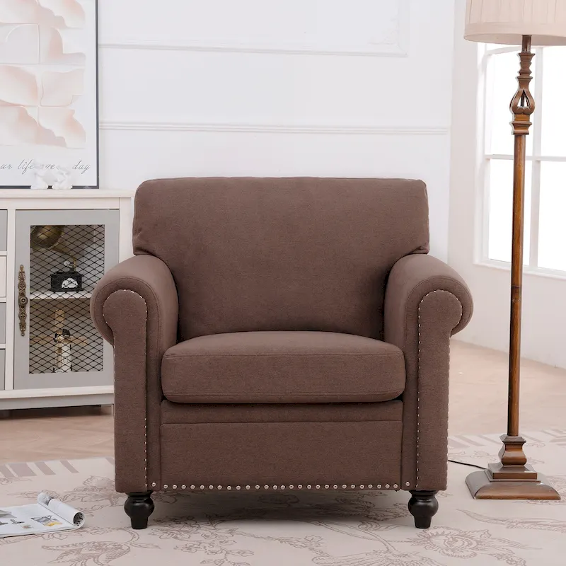 Brown Roll Arm Accent Chair with Nailhead Trim