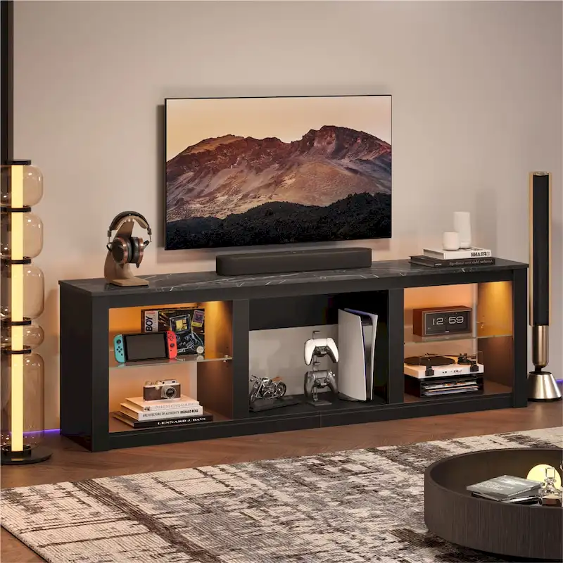 70-Inch LED TV Stand with Tempered Glass Shelves and Open Cabinet - 71 in