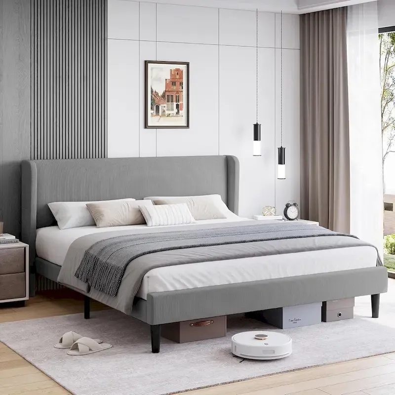 Upholstered Wingback Bed Frame with Velvet Headboard