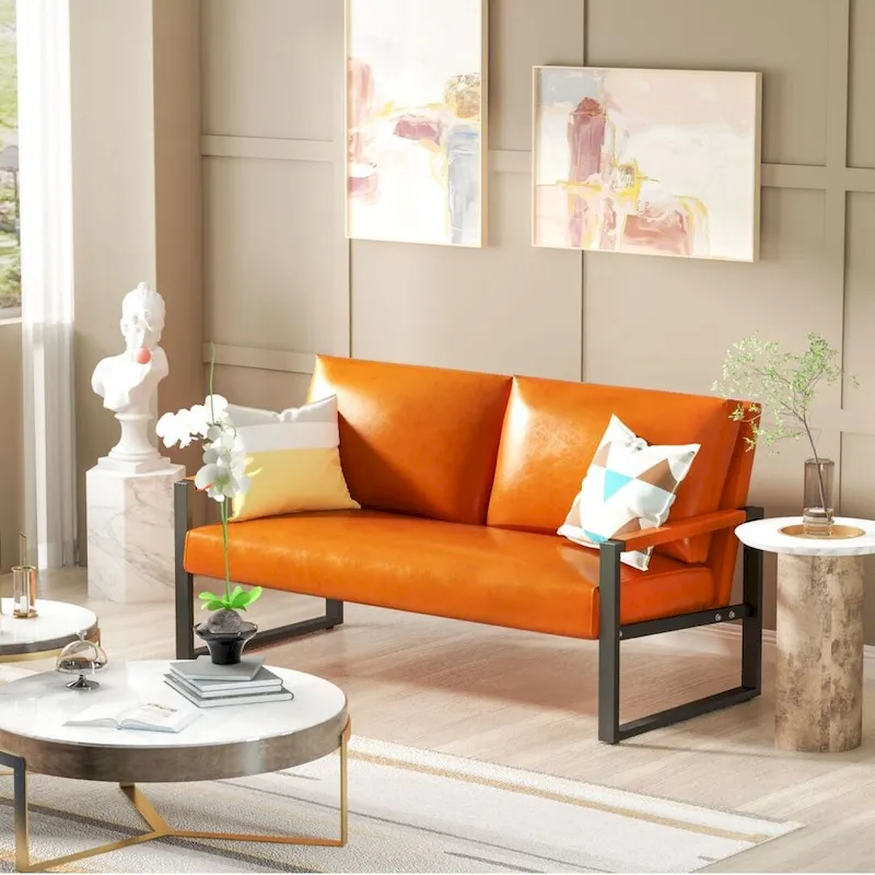 Mid-Century Style Faux Leather Loveseat Sofa with Steel Frame