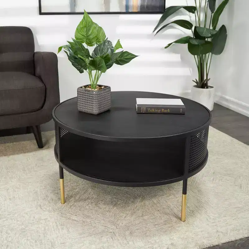 Olivia & May Metal Open Grid Frame 1 Shelf Coffee Table with Gold Legs Black: Modern Drum Style, No Assembly Required