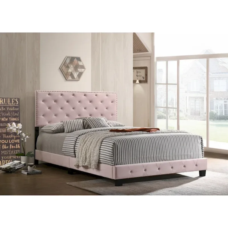Pink Velvet Platform Bed with Nailhead Trim, Queen Size