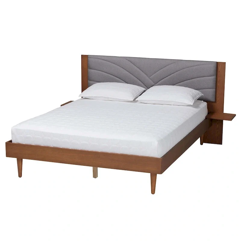 Mid-Century Modern Grey Fabric and Walnut Brown Wood Queen Size Platform Bed With Floating Side Table