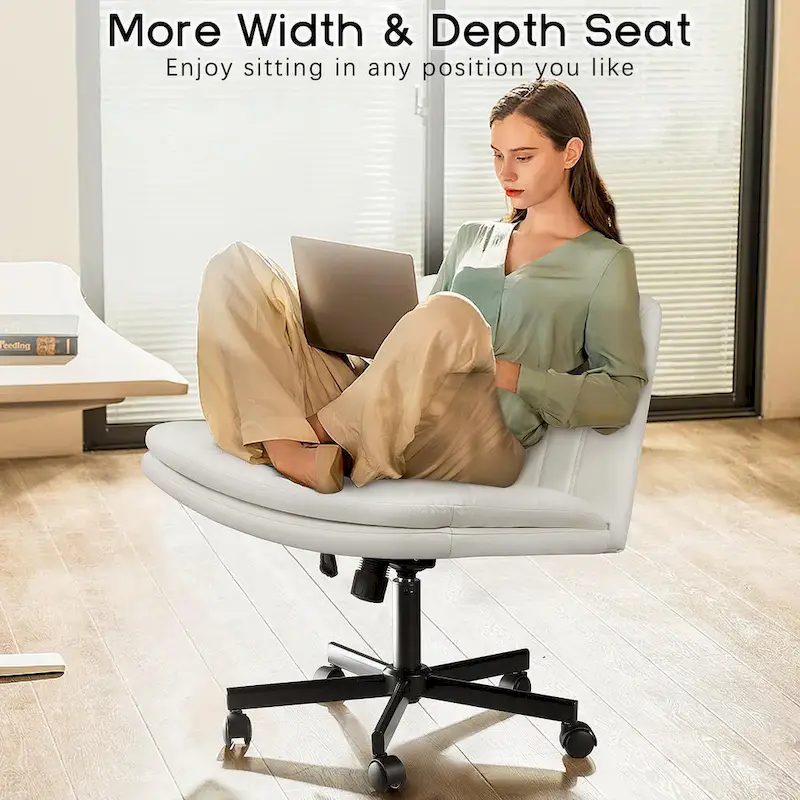 Bossin Criss Cross Chair with Wheels,PU Leather Armless Cross Legged Office chair, Adjustable Wide Seat Task Vanity Chair