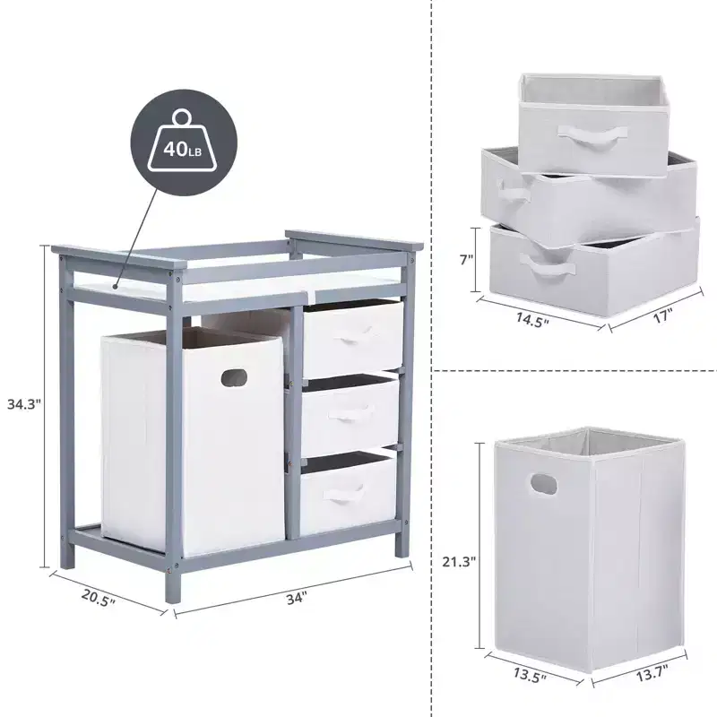 GustoWave Wooden Baby Changing Table,Modern Diaper Changing Table,Infant Diaper Station Dresser with Laundry Hamper, 3 Drawer Basket