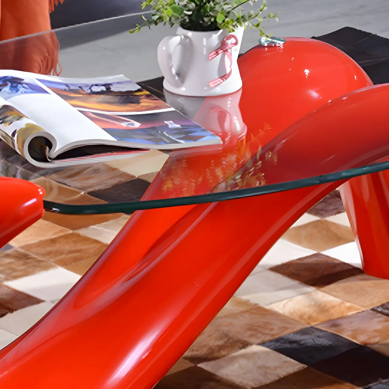 Abstract Modern Oval Glass Top Metal Base Coffee Table