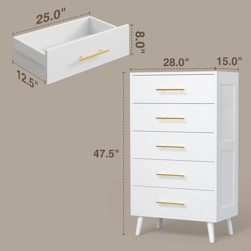 5 Drawer Dresser for Bedroom, High Drawer Chest of Drawers with Metal Knobs