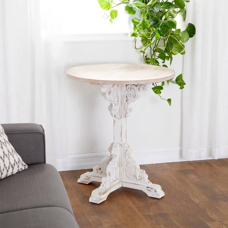 Wood Scroll Intricately Carved Accent End Table, Rustic Brown Gray Cream Side Table