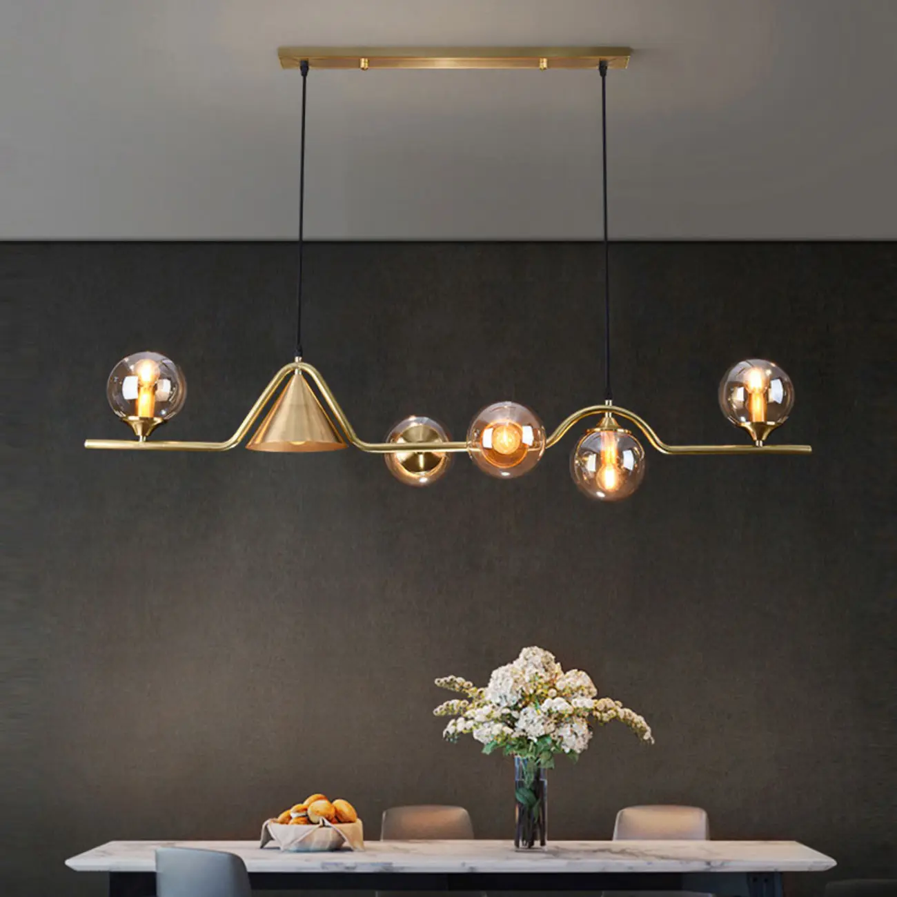 Dining Area Modern Brass Glass LED Island Pendant Light