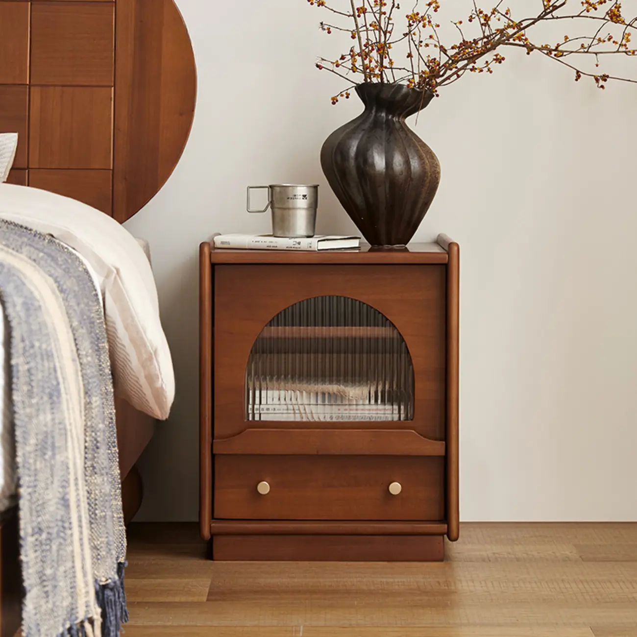 Bedroom Wood Walnut Glass Door Nightstand with Drawer