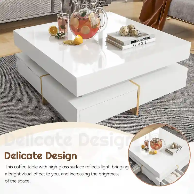High Gloss Coffee Table with 4 Drawers - 2-Tier