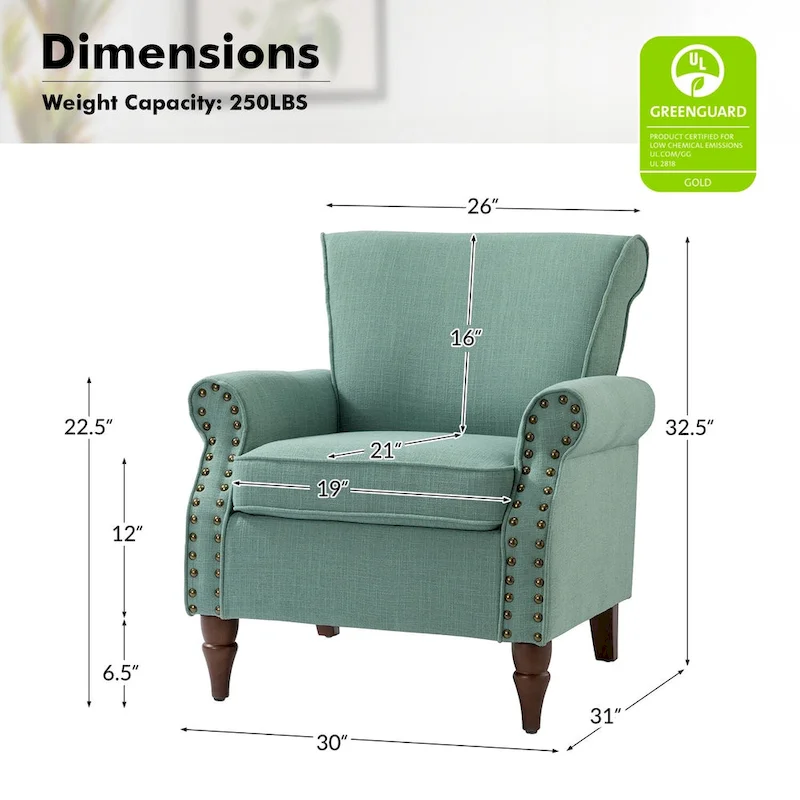 Upholstered Comfy Accent chair with Turned Wooden Legs and Nailhead Trim Set of 2 by