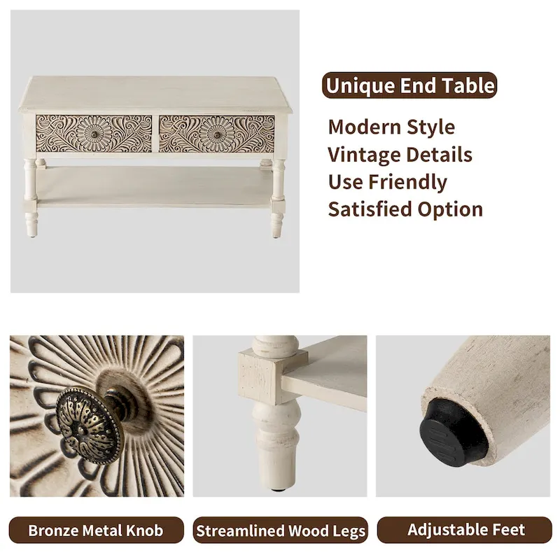 Rectangular Coffee Table, 2 Drawers & Open Shelf, MDF with Veneer, Flower Pattern, 39.2