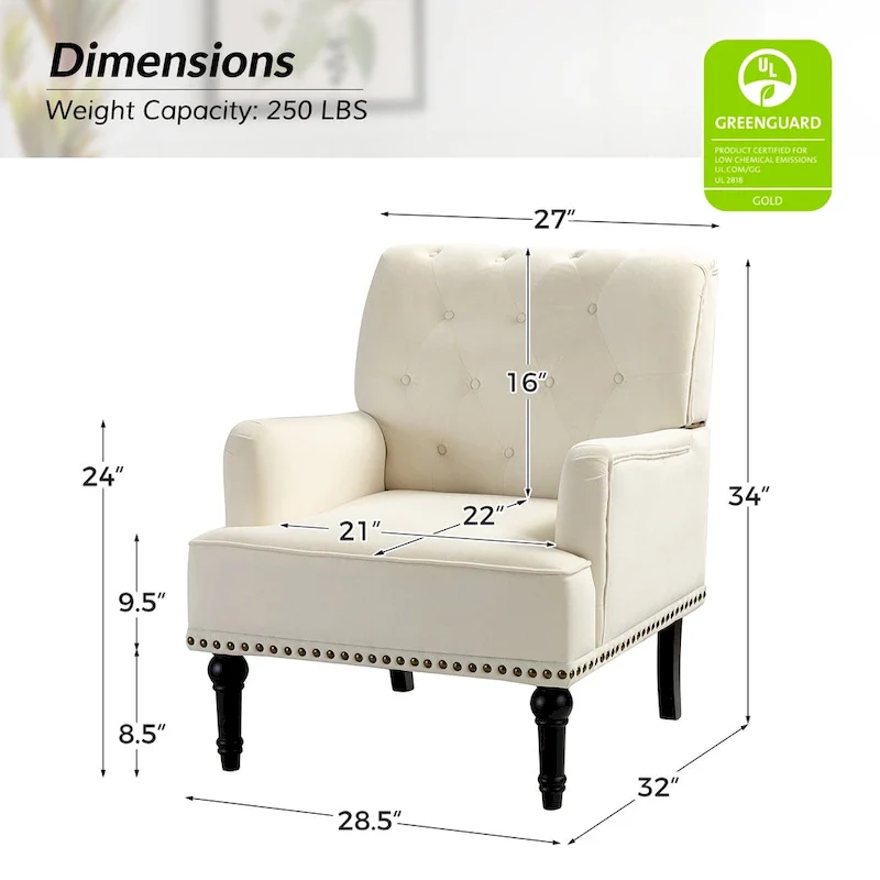 Geltrude Transitional Upholstered Button Tufted Club Chair with turned wooden Legs by HULALA HOME