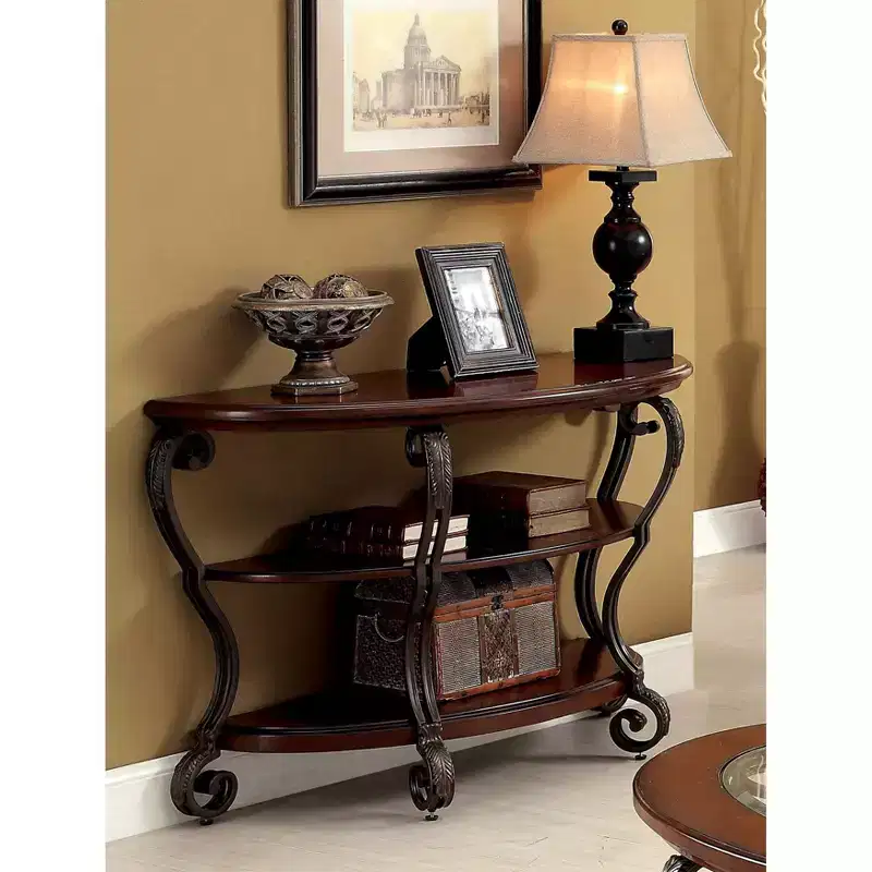 Telmin Traditional Sofa Table Brown Cherry: Entryway Half Moon with Open Shelf