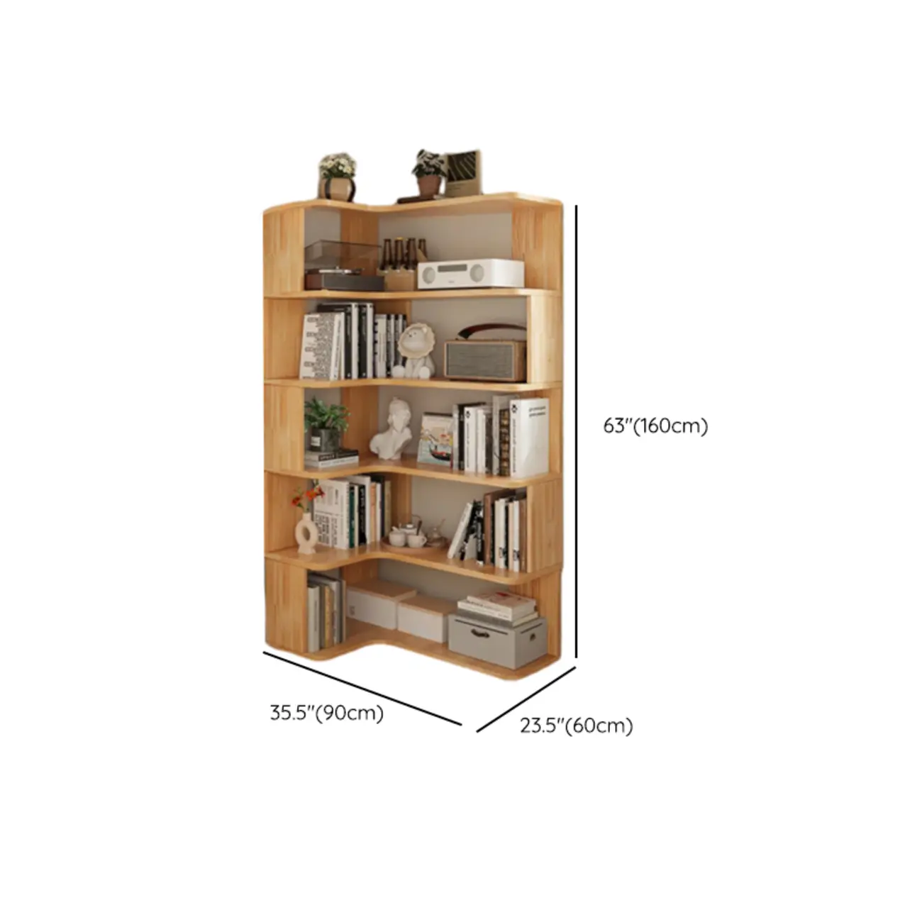 Natural Finish L-Shaped Vertical Wood Open Back Bookcase