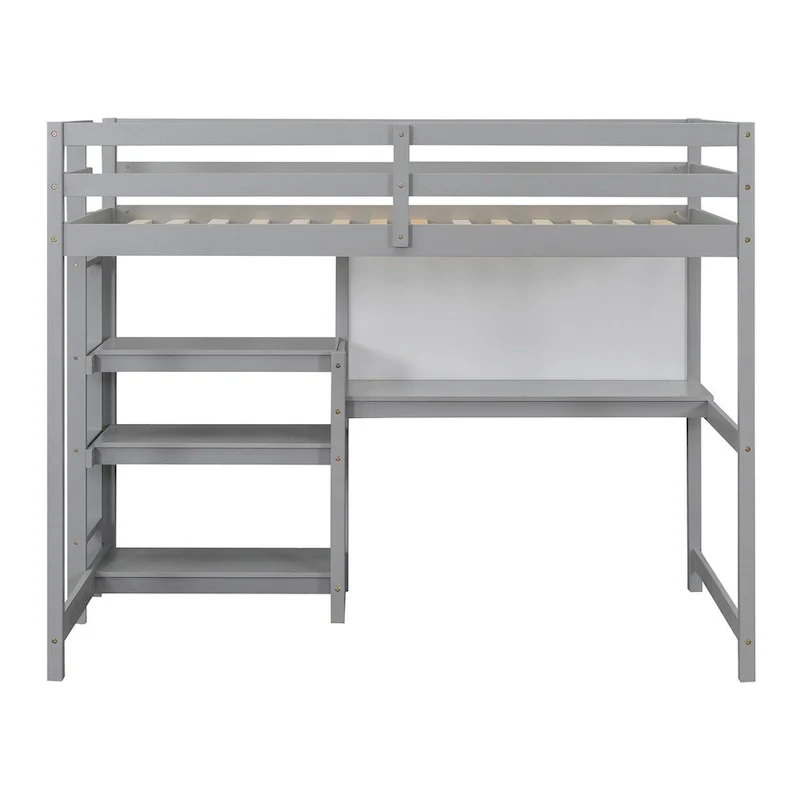 Twin Size Wooden Loft Bed with 3-Layer Shelves, Desk, and Writing Board, Full-Length Guardrail
