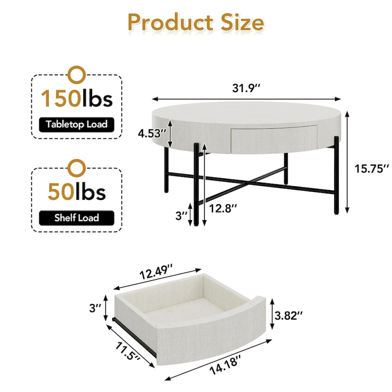 Round Coffee Table with with Two Drawers - Natural