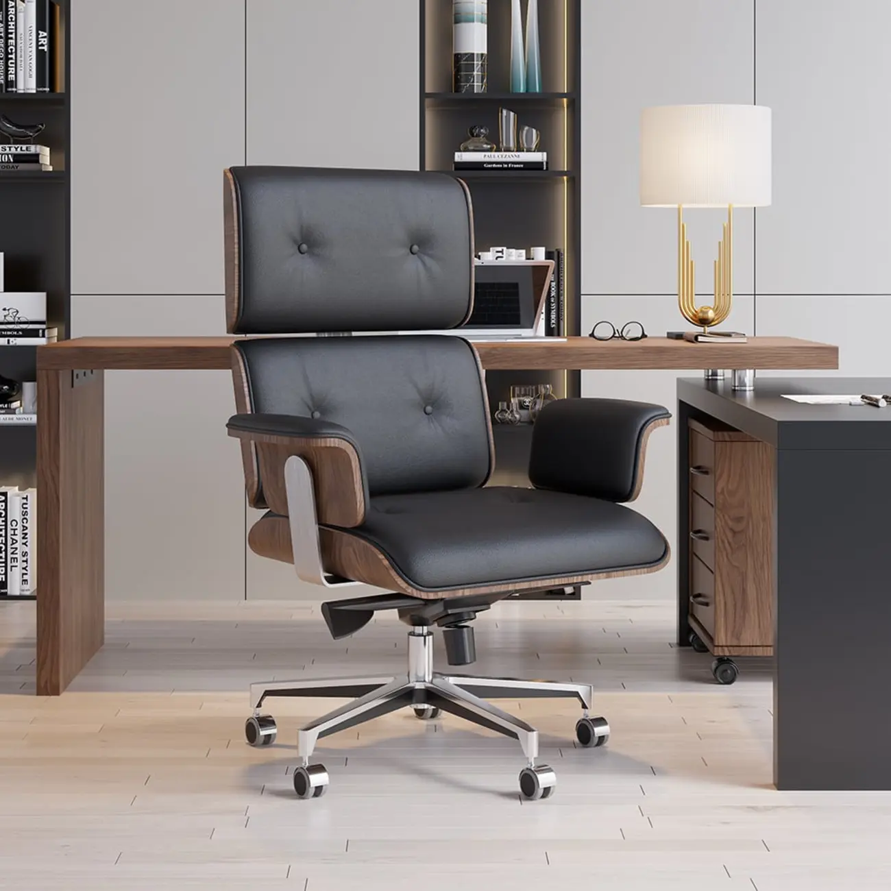 Modern Wood Leather Adjustable Swivel Black Executive Chair