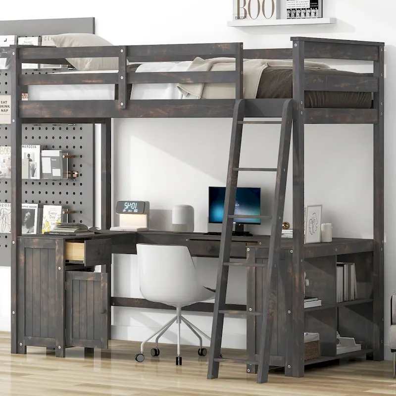Twin Size Loft Bed with U-shaped Desk, Drawers and Storage Shelves