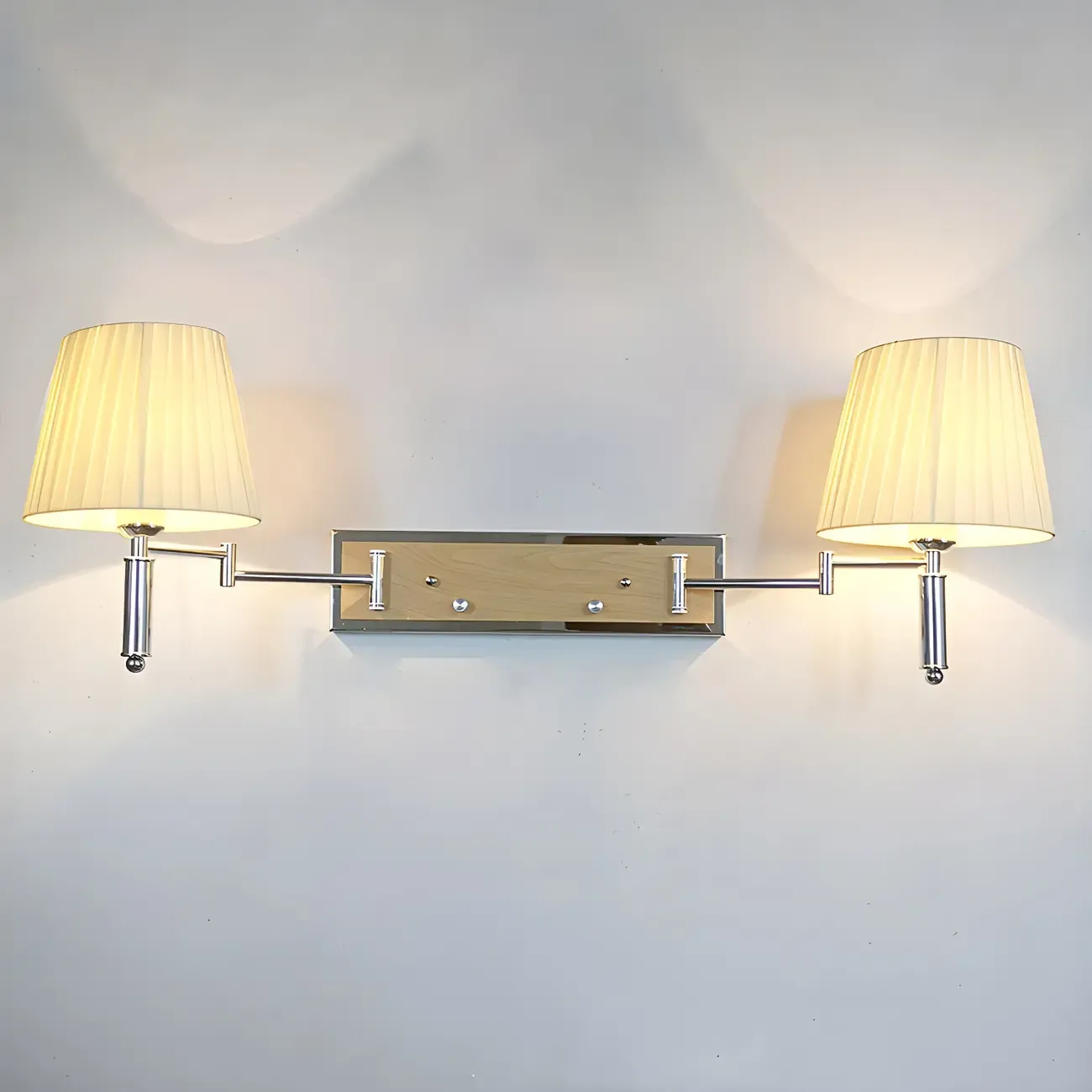 2-Light Silver Swing Arm Fabric Shade Wall Light