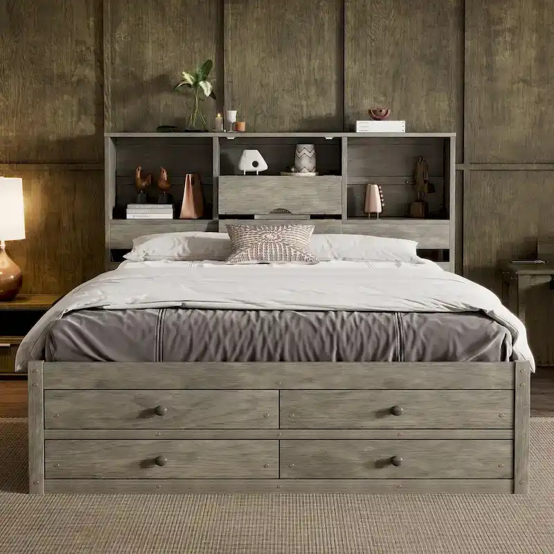 Queen Size Platform Bed with Storage Headboard