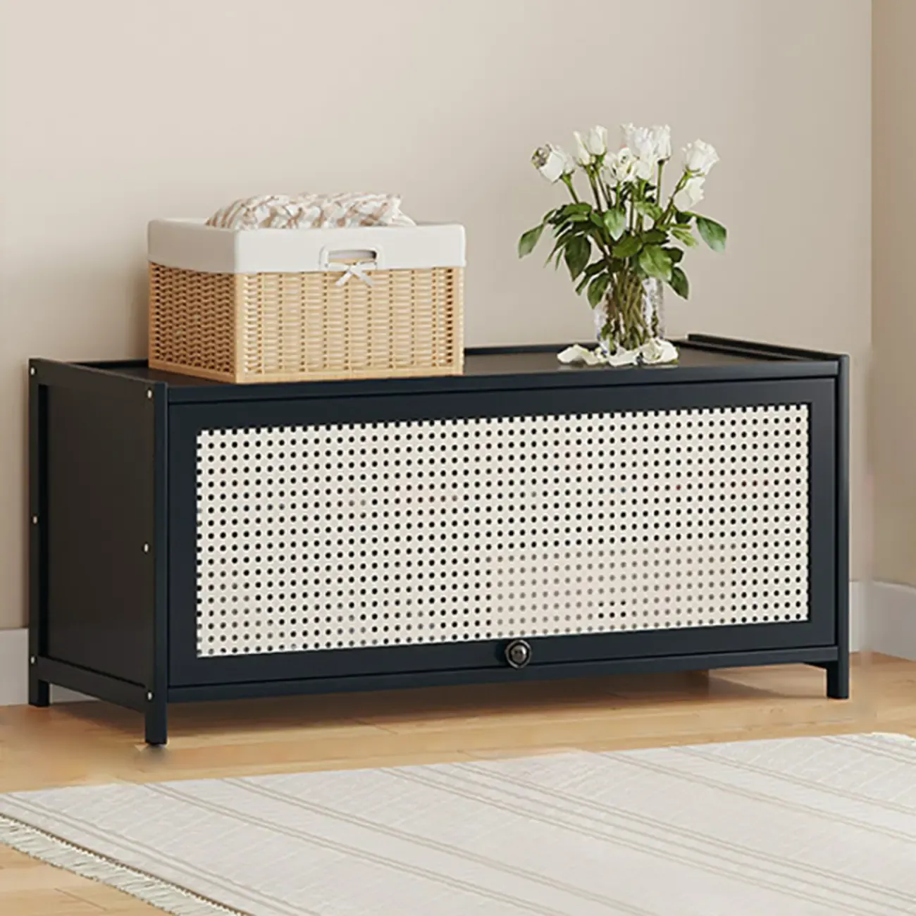 Modern Black Bamboo Shoe Cabinet with Rattan Panels