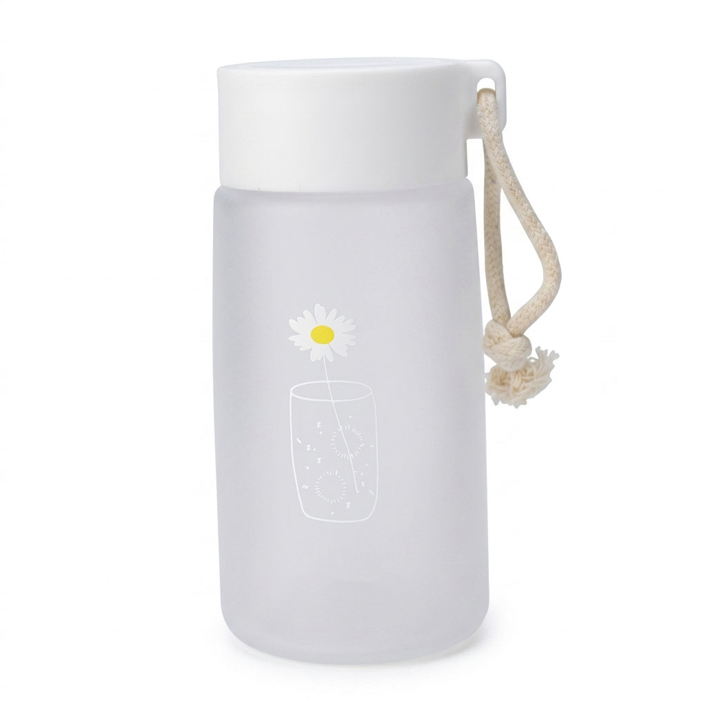 550ML Frosted White Daisy Water Bottle with Lanyard