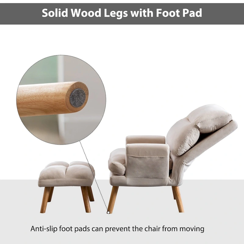 Soft Fabric Casual Living Room Armchair With Adjustable Backrest And Legs Stool