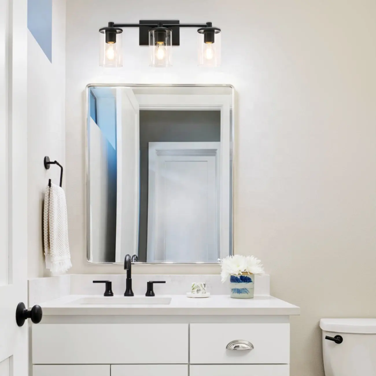 3-Light Black Clear Glass Cylinder Vanity Lights