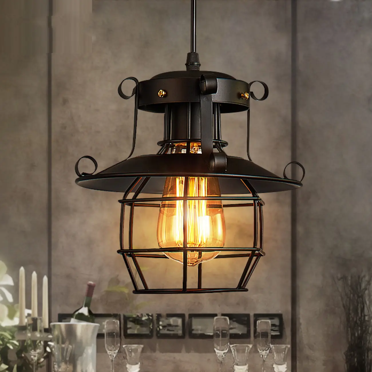 Gothic Black Iron Cage Hanging Pendant Light