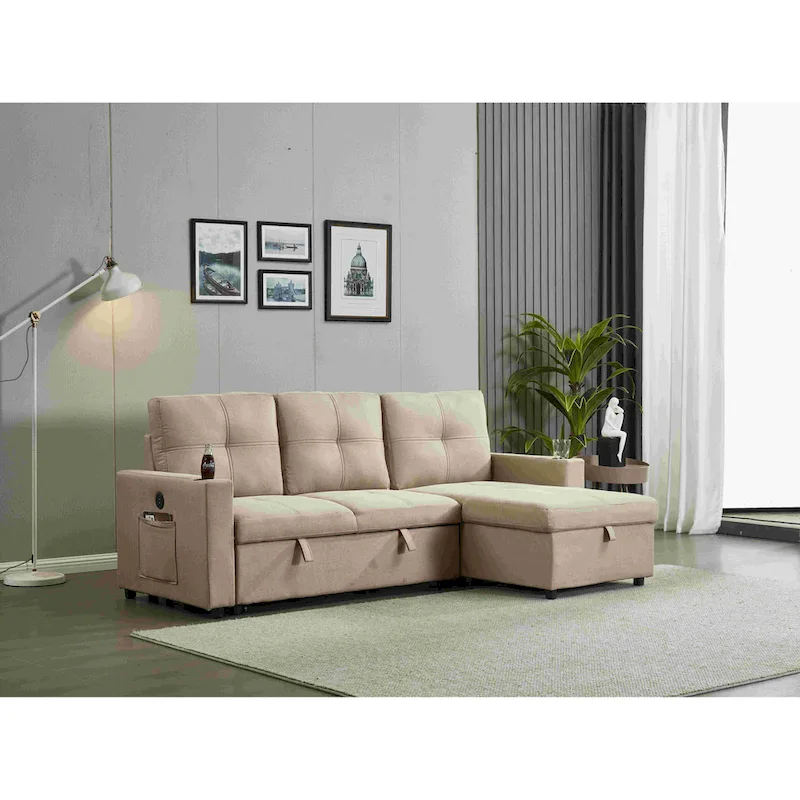 Linen Sectional Sofa Reversible Chaise with Pull out Sleeper