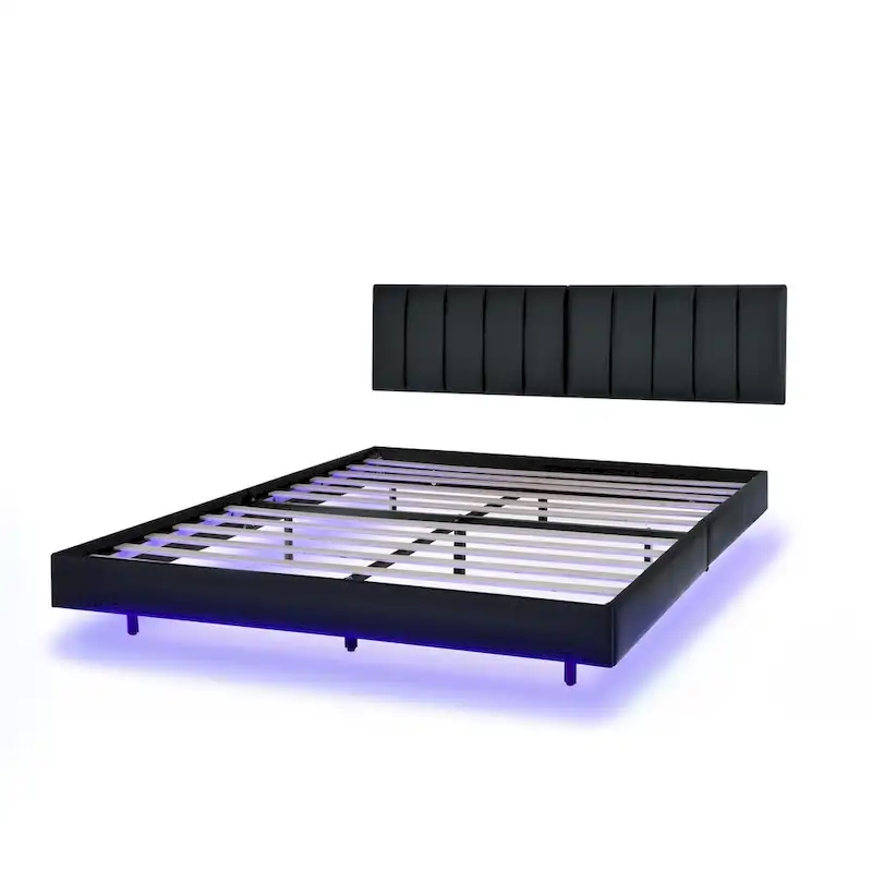 Floating Bed Frame With Led Lights And Wall Mounted Headboard