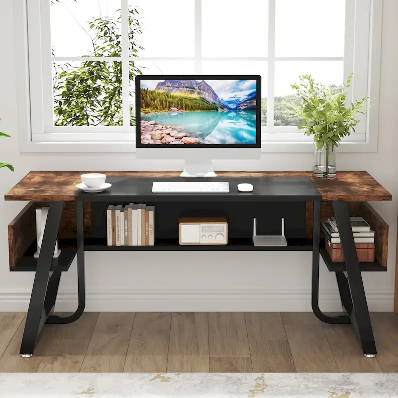 63 Inches Computer Desk with Bottom Shelves, Large Executive Desk