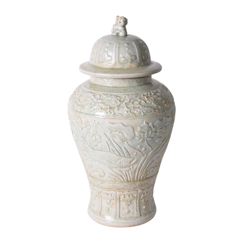 Sage Green Embossed Fish Temple Jar - 12x12x21.5