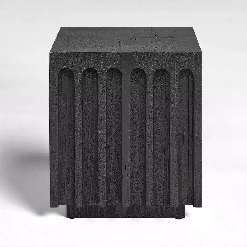 Fluted Solid Pine Wood End Table, Natural Tree Stump Texture, Black, 200 lbs Capacity