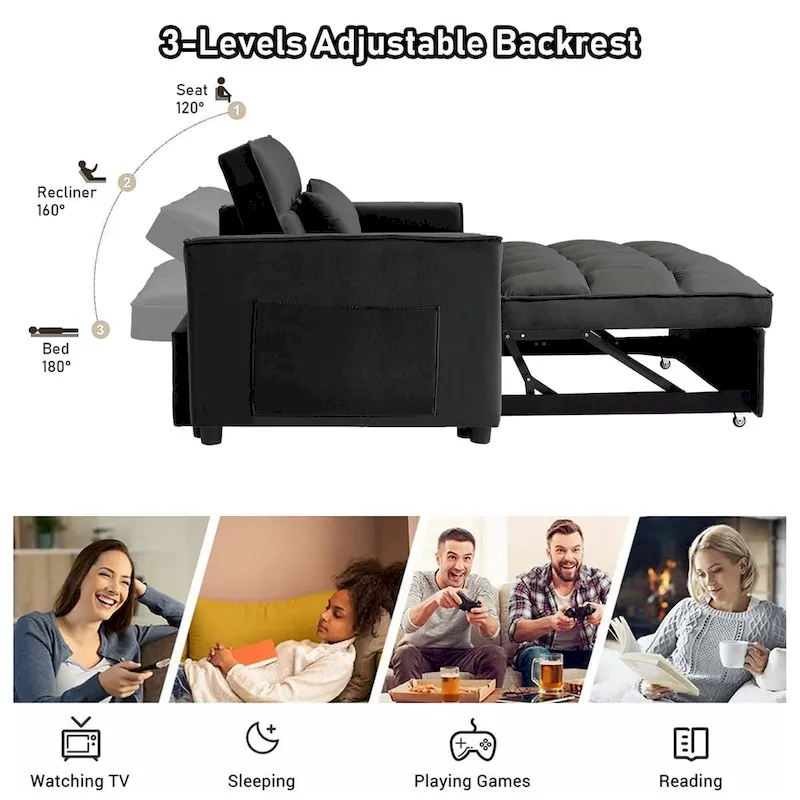 Convertible Sleeper Loveseat, 3-Position Backrest, Velvet, Foam, Side Pockets, USB, Seats 2/Twin Bed, Blue/Black/Grey