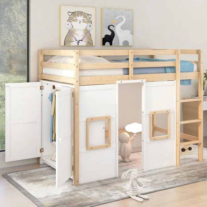 Twin Size Wood Loft Bed with Built-in Storage Wardrobe and 2 Windows