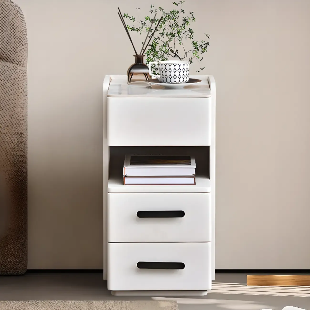 Compact Stone-Top Wooden 4-Tier White Nightstand