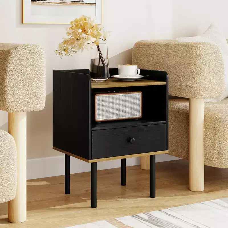 3-Tier Sofa Side Table with Drawer & Open Shelf, Metal Legs, Set of 2, Black & Natural
