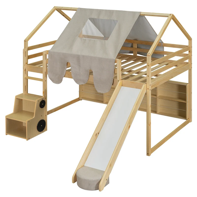 Full Loft Bed with Play Tent, House Design, Slide & Ladder