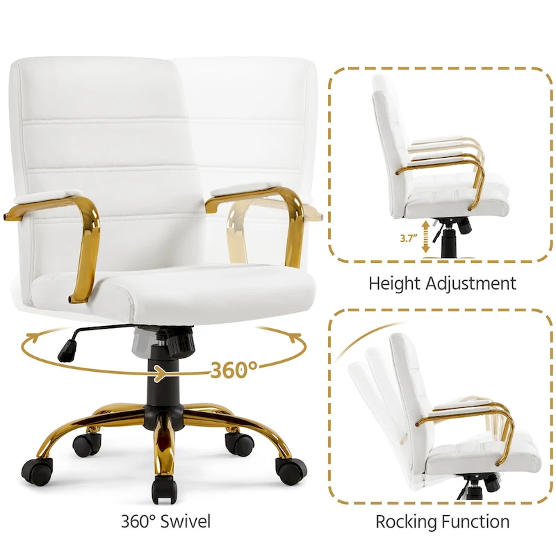Yaheetech Mid-Back Office Chair with Gold Frame PU Leather Office Executive Chair, White - N/A