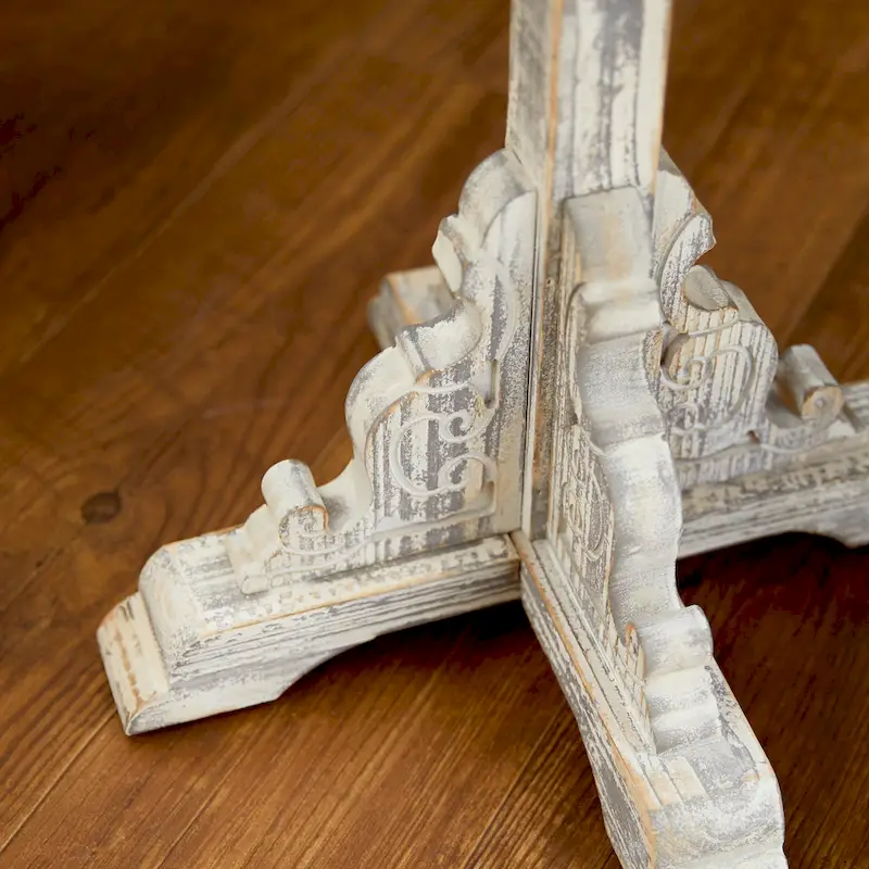 Wood Scroll Intricately Carved Accent End Table, Rustic Brown Gray Cream Side Table