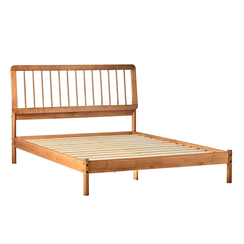 Queen Solid Wood Spindle Bed Frame with Pine Legs – Caramel / Natural Pine / Black, for 1–2 People