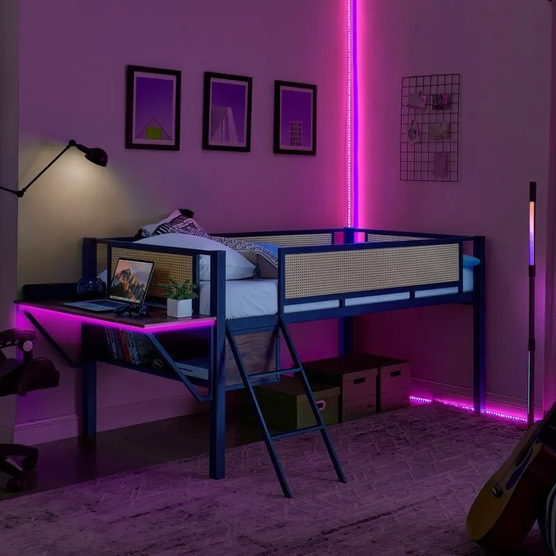 Twin Size Metal Loft Bed with Rectangular Desk, LED lights and Storage Shelves