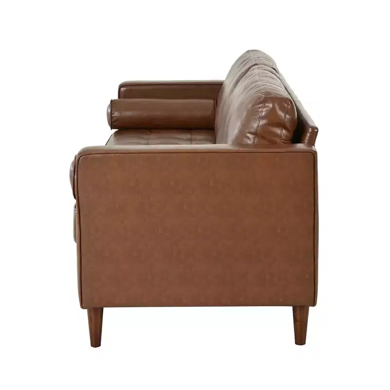 Whisen PU Leather 3-Seat Sofa, Mid-Century Modern Sofa Couch with Tufted Design, Solid Wood Legs, 2 Bolster Pillows