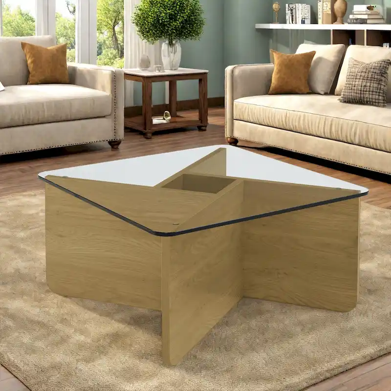31.5 MDF Modern Coffee Table - Tempered Glass Top and MDF Base for Indoor/Outdoor Use