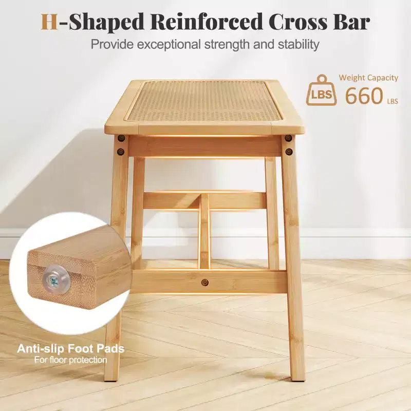 Costway 39.5 Bamboo Dining Bench with Handwoven Rattan Seat, Wooden Entryway Bench