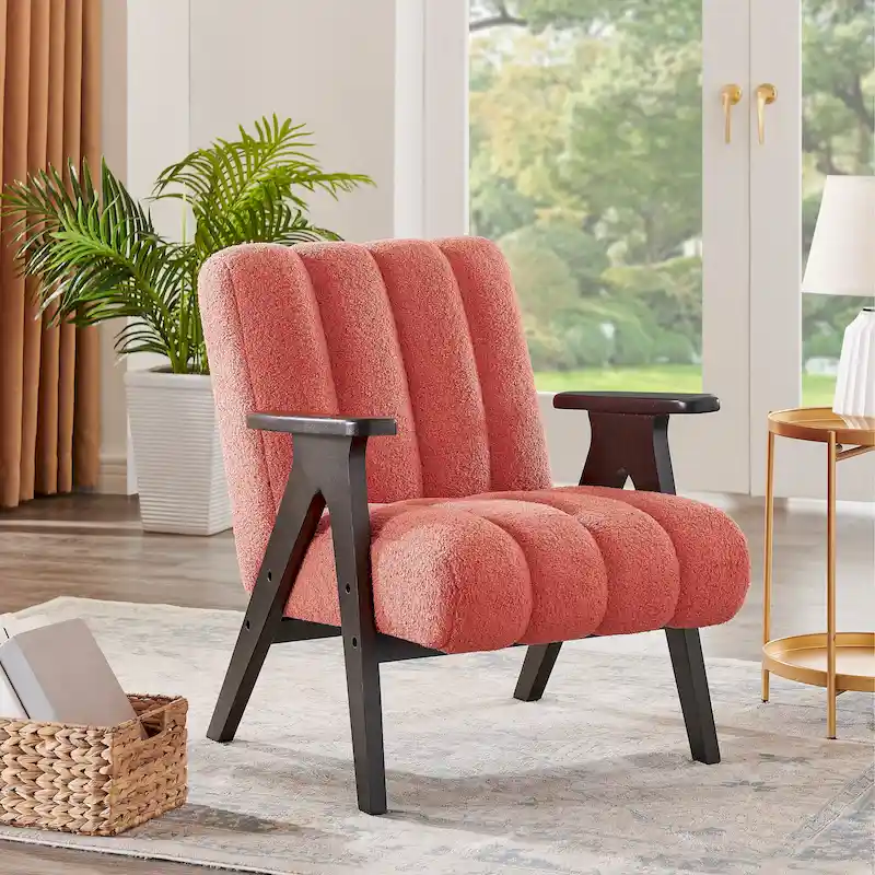 Roundhill Furniture Rella Modern Teddy Sherpa Fabric Accent Chair with Espresso Wood Frame