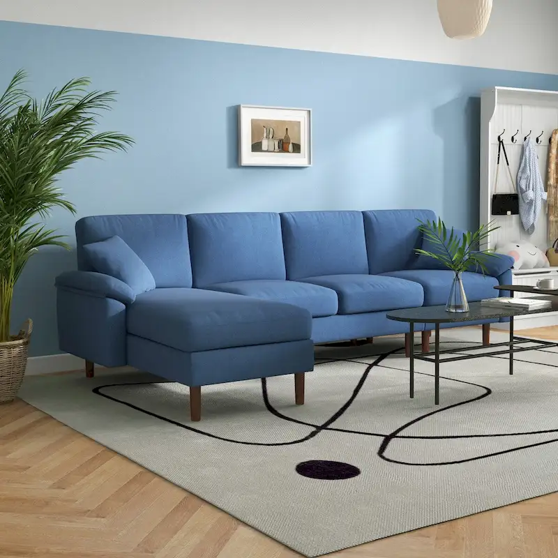 HOMCOM Fabric Sectional Couch with Reversible Sleeper Sofa, Modern L Shaped Sectional Sofa with Pillows, Wooden Legs